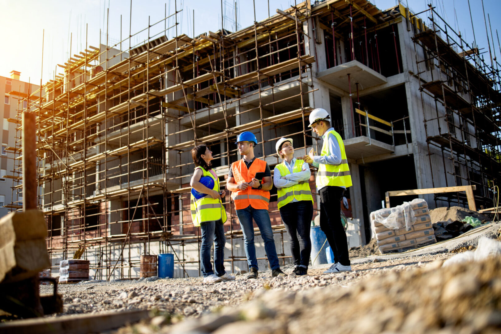 Construction workers discussing plans near scaffolding